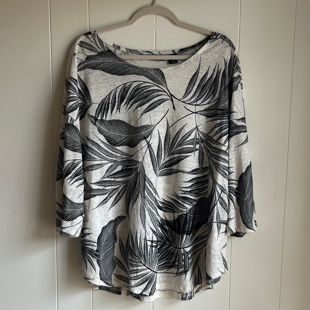 Tahari Black and White Leaf Print 100% Linen Blouse Sz 2X Coastal Grandma Beach